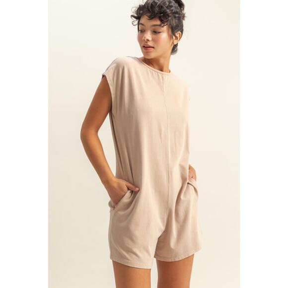 HYFVE Round Neck Cap Sleeves Side Pockets Relaxed Fit Breezy Romper | Dark Taupe - Picture 2 of 6